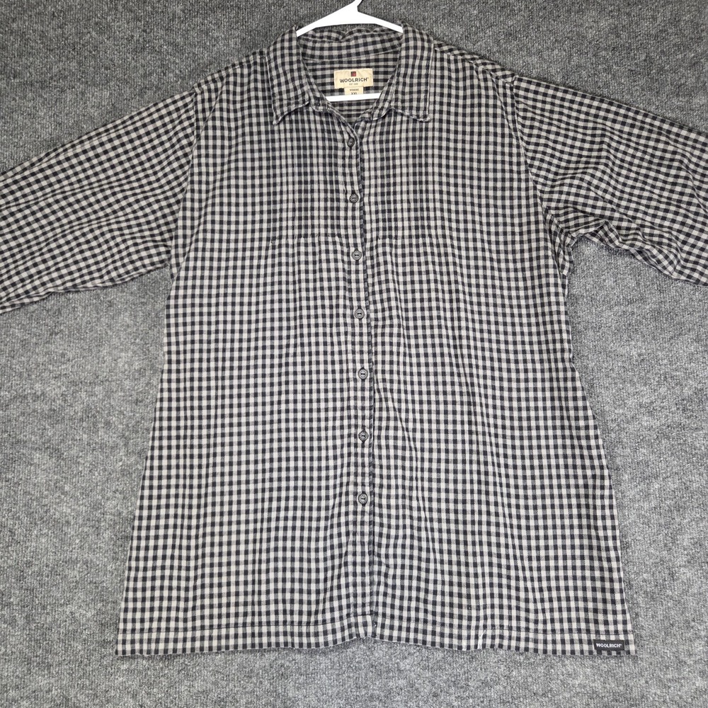 Woolrich Womens XXL Gingham Plaid Button Up Shirt Black White Cotton Tie Back